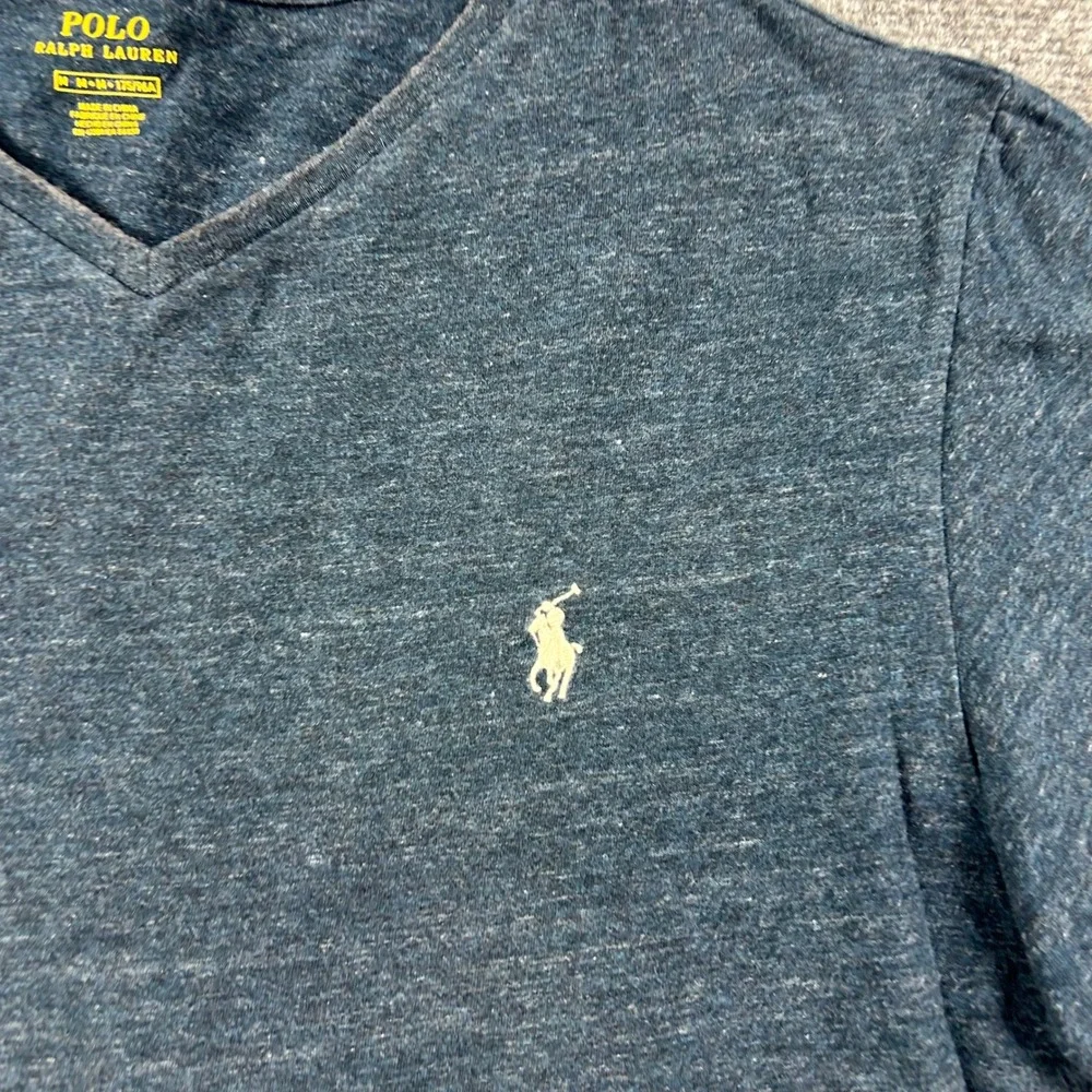 Polo Ralph Lauren V-Neck T-Shirt Mens‎ Medium Navy Blue Heathered Pony Logo Tee